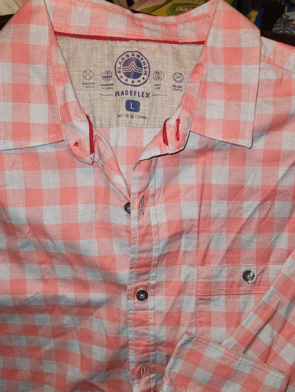 Men's Coral and Grey Check Button-Up Shirt By Flag & Anthem New Size Large